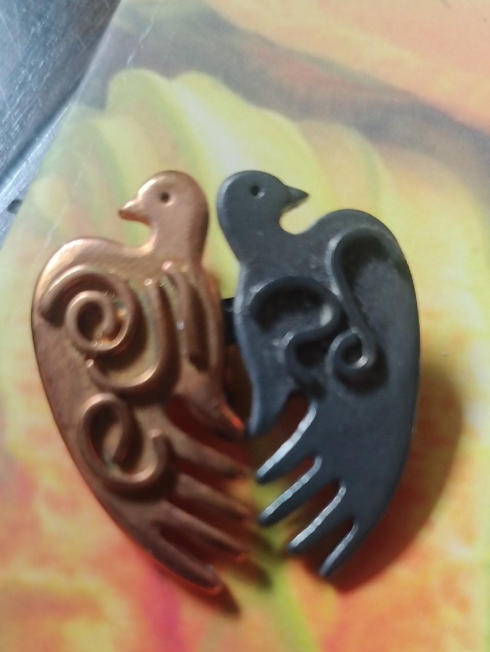 Eytan Vintage Two-Tone Bird Heart Pin - Copper and Gunmetal Peace Brooch